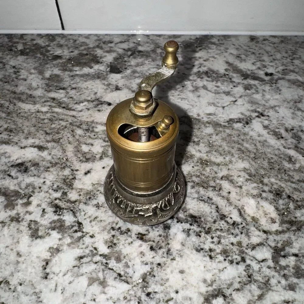 Vintage Brass Pepper Mill Grinder Hand Crank Ornate Metal Base Manual Spice Mill